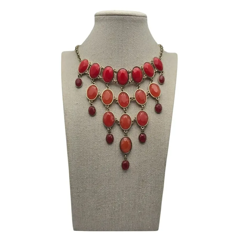 Coral Red Cabochon Necklace Gold Tone Cascading Elegant Glam